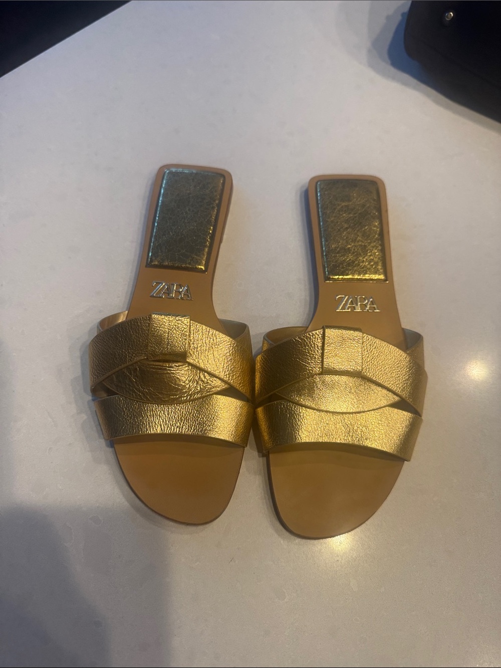 Zara Gold Metallic Leather Slide Sandals size 39